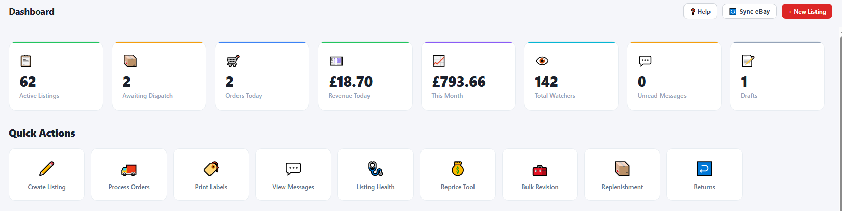 ListMaster dashboard showing listings, orders, revenue and quick actions