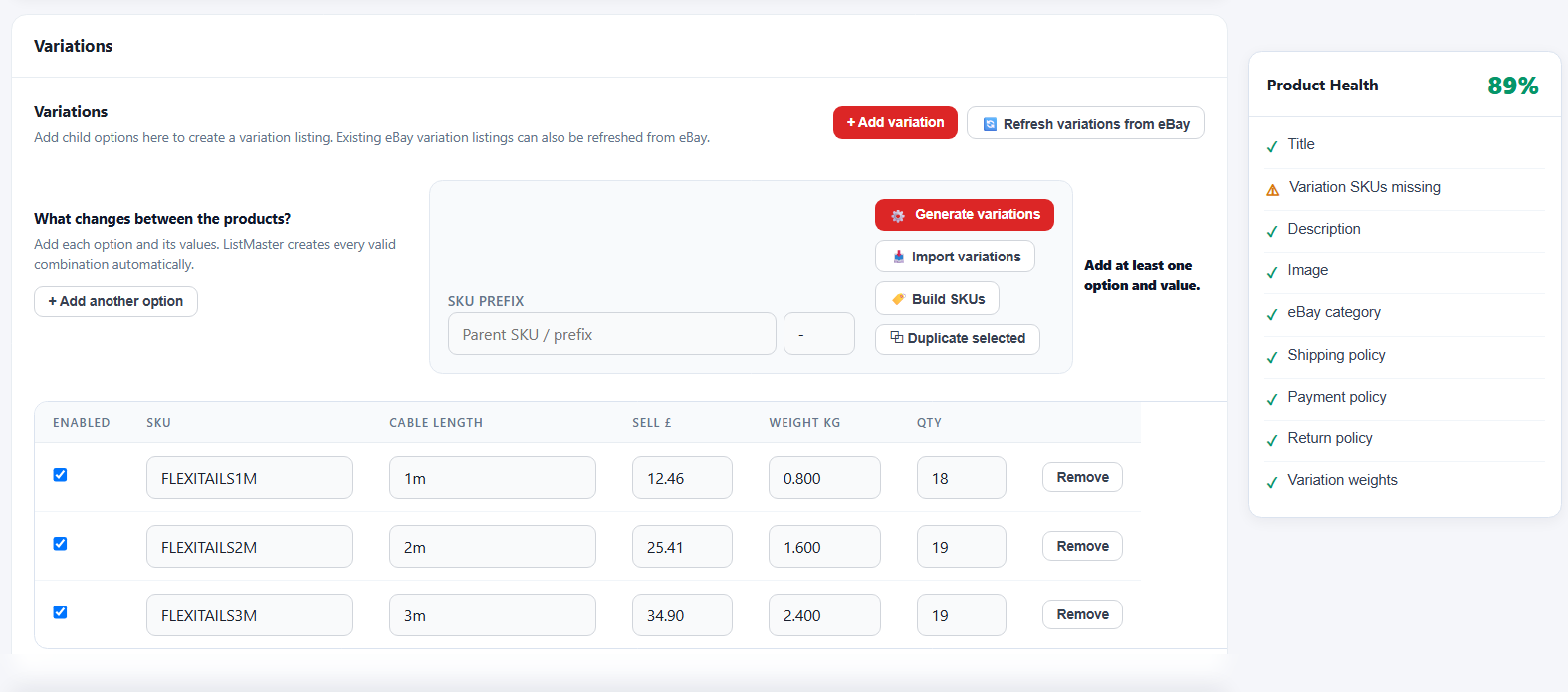 ListMaster variation editor with individual SKUs, prices, costs, weights and quantities